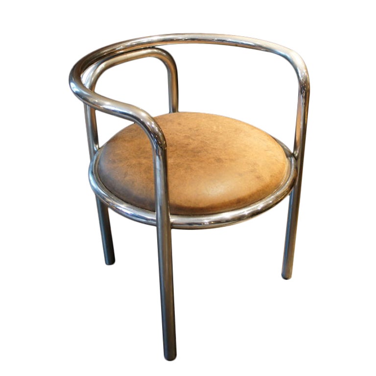 Gae Aulenti chair chromed tubular frame with the original brown leather seat. Italy. Produced by Poltronova, circa 1963.

