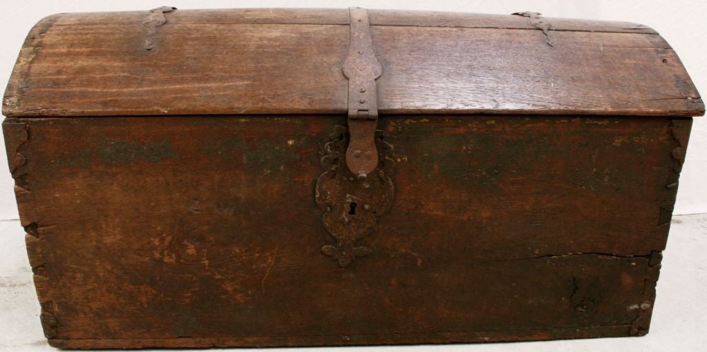 Rustic Antique French Country Oak Hand-Made Trunk For Sale 4