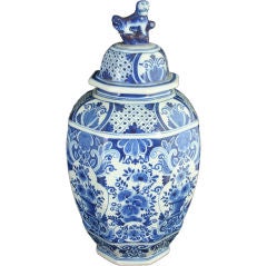 Antique Hand-Painted Blue Delft Ginger Jar Vase Lion