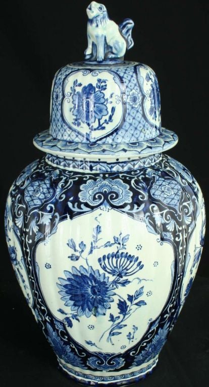 Antique Blue Delft Transferware Ginger Jar Vase Lion