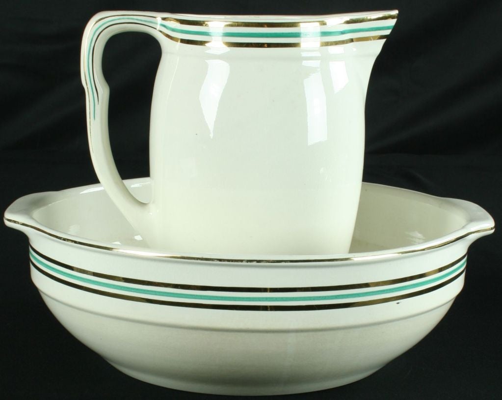 Ceramic Vintage Art Deco Vanity Pitcher Bowl Set Nimy Green For Sale
