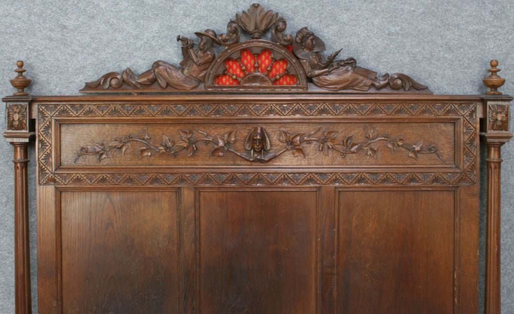 19th Century Highly Carved Antique French Brittany Full Bed Dancing