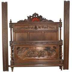 Highly Carved Antique French Brittany Full Bed Dancing