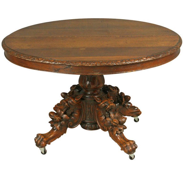 Antique French Carved Hunting Library Dining Table For Sale