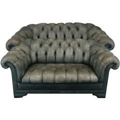Pair English Chesterfield Sofas Blue-Green Leather