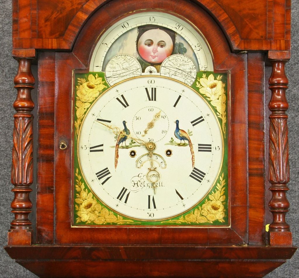 Glass Antique Welsh Moonroller Tall Case Grandfather Clock
