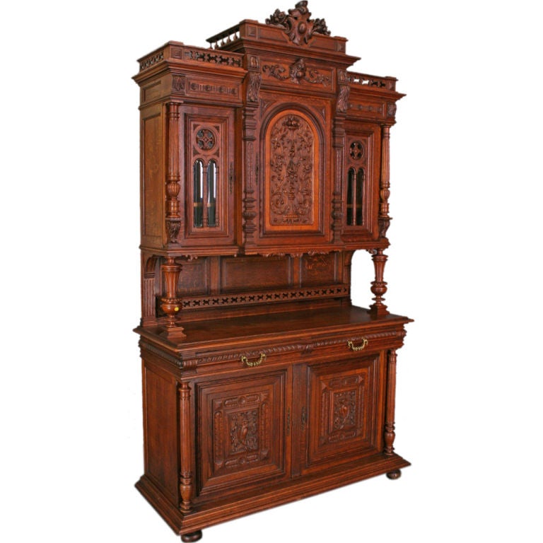 Antique French Gothic Renaissance Buffet Cabinet Hutch For Sale