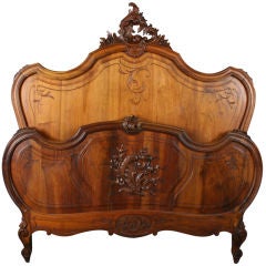 Antique French Country Louis XV Carved Walnut Full Bed