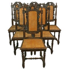 Antique French Carved Oak Set 6 Hunting Dining Chairs