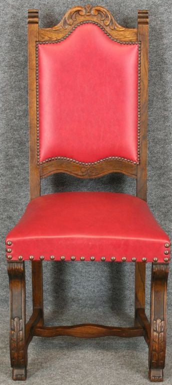 Mid-20th Century Vintage Set 6 French Renaissance Carved Oak Chairs Red For Sale