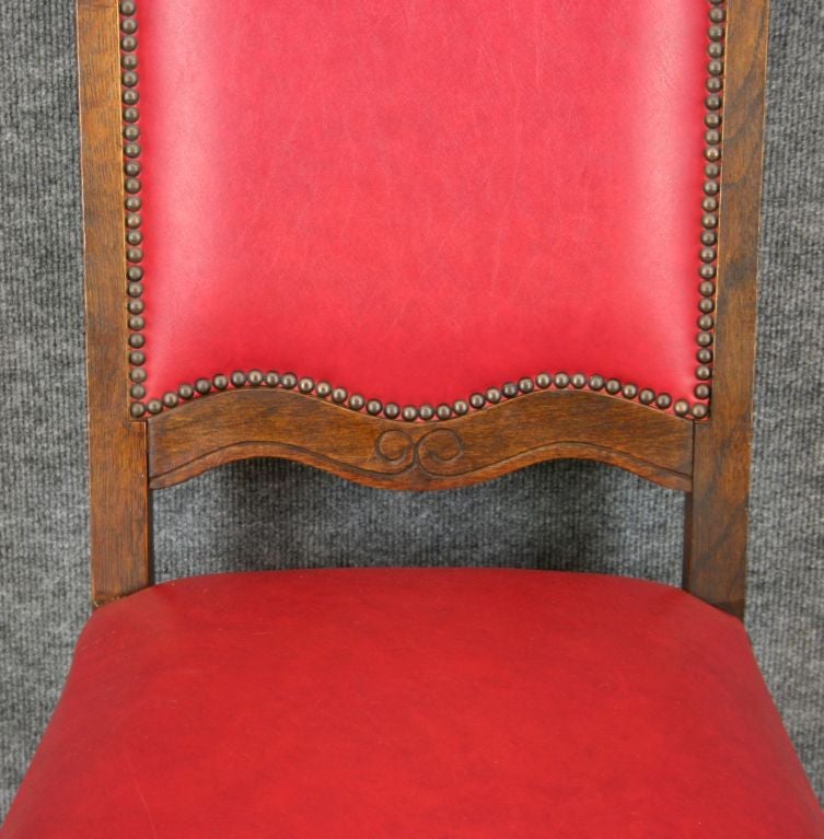 Vintage Set 6 French Renaissance Carved Oak Chairs Red For Sale 2