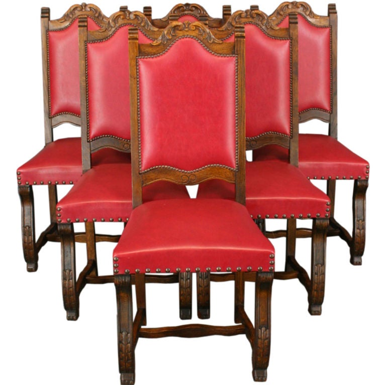 Vintage Set 6 French Renaissance Carved Oak Chairs Red For Sale