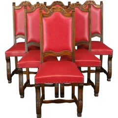 Vintage Set 6 French Renaissance Carved Oak Chairs Red