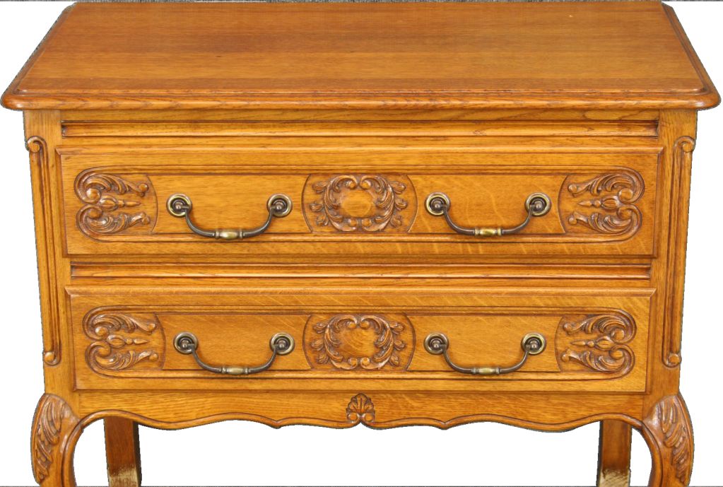 A charming French Country Louis XV Style two-drawer Chest of Drawers Table from France dating to 1950 in oak and featuring pretty cabriole legs.