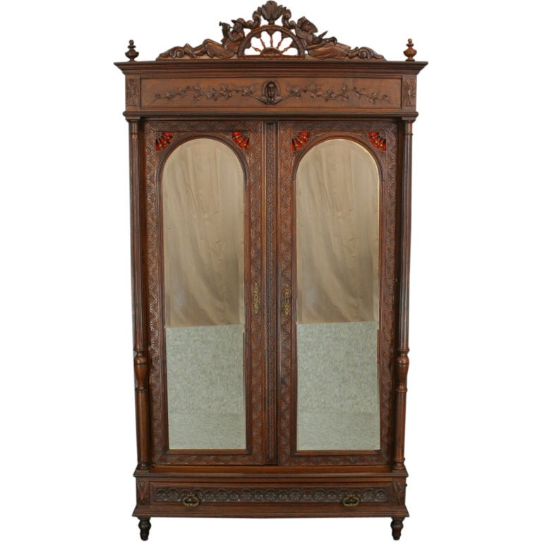 Antique French Carved 2 Door Brittany Armoire Wardrobe For Sale