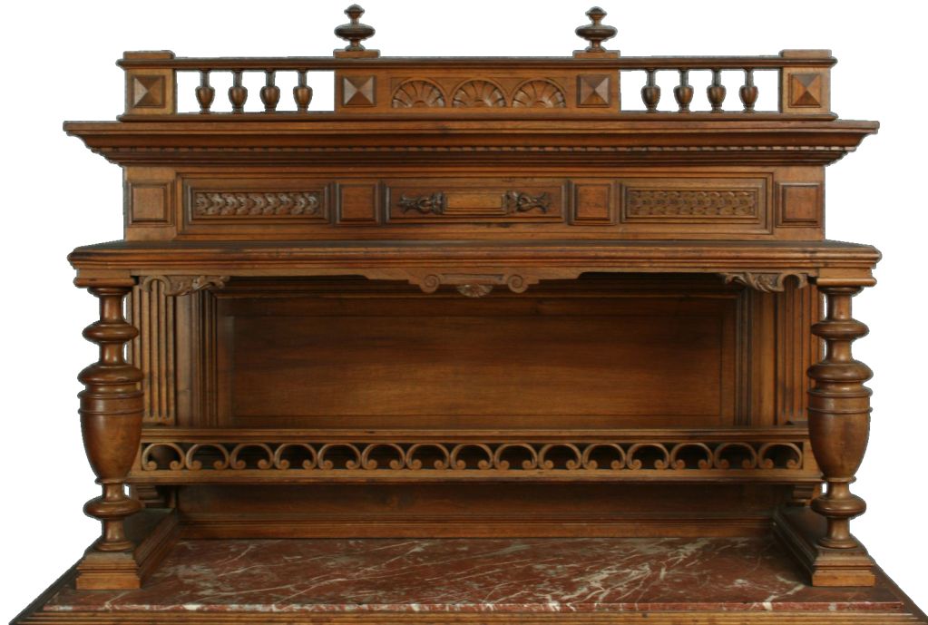A Henry II Renaissance Server Sideboard Dessert in walnut with marble top, two doors, two drawers, and display plate rack.
