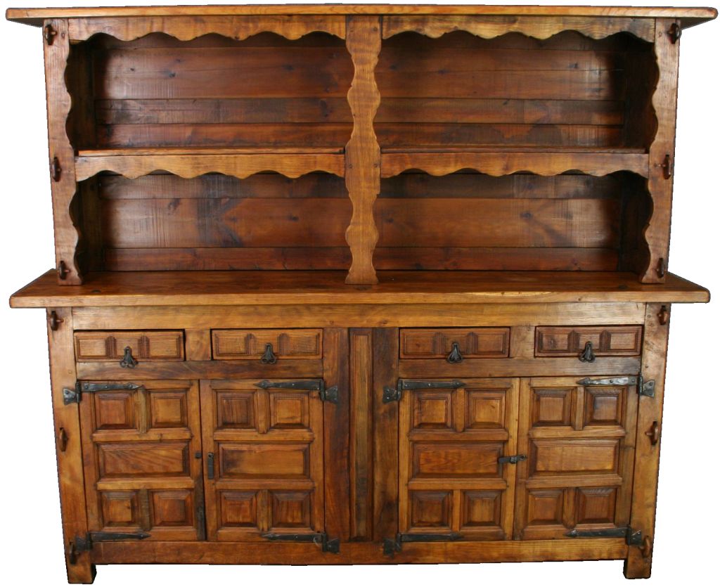 A rustic Spanish Mission Style Buffet Vasselier Sideboard Hutch in oak with interesting cast iron hardware