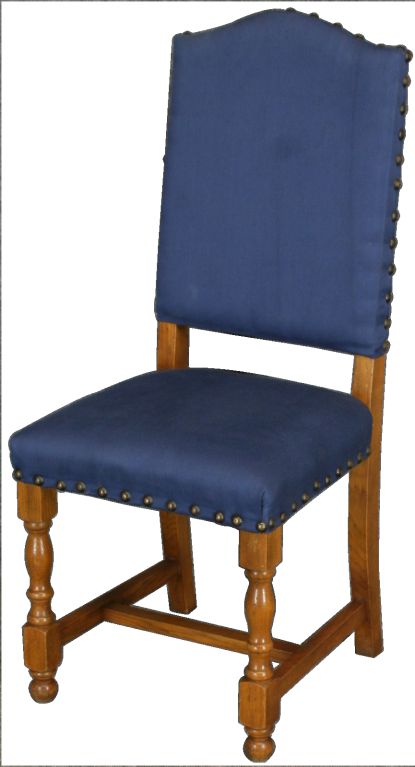 A charming set of 6 French Country Dining Chairs in oak with turned legs and blue upholstery