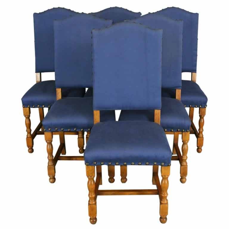 Set 6 Vintage French Country Dining Chairs Oak Blue For Sale