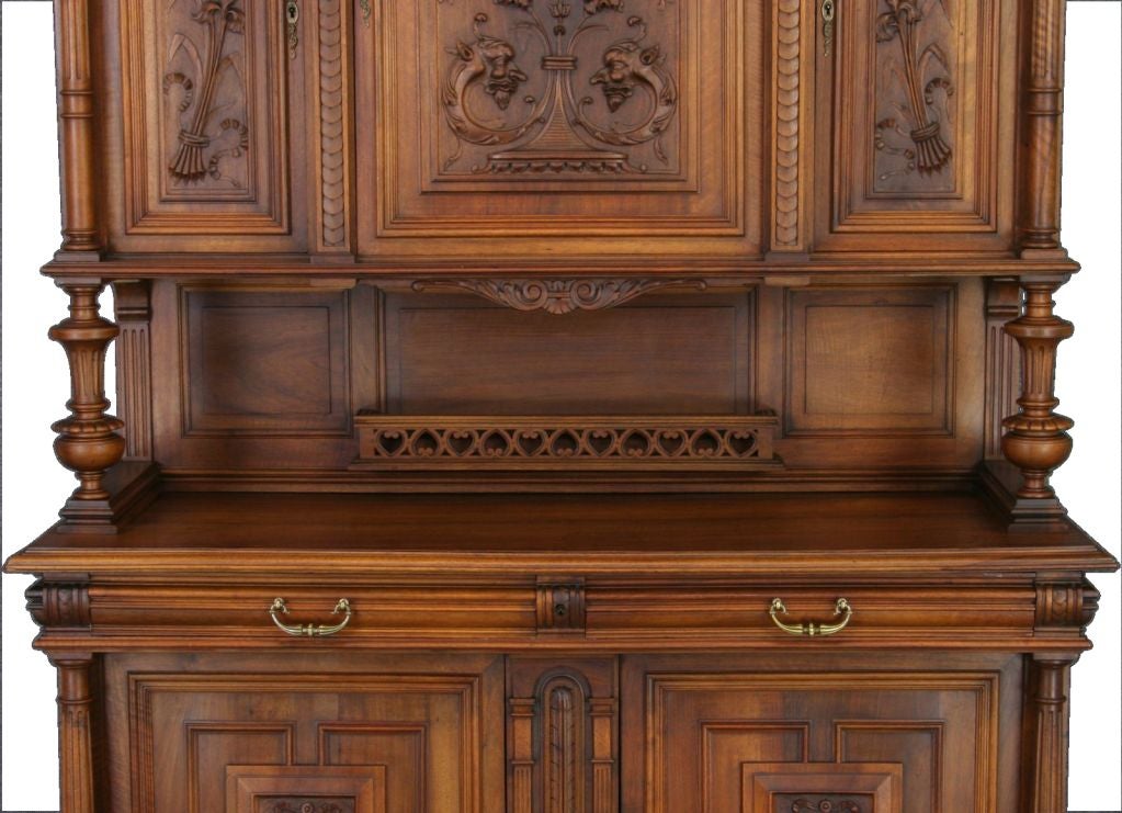 Walnut Antique French Renaissance Buffet Carved Irises For Sale