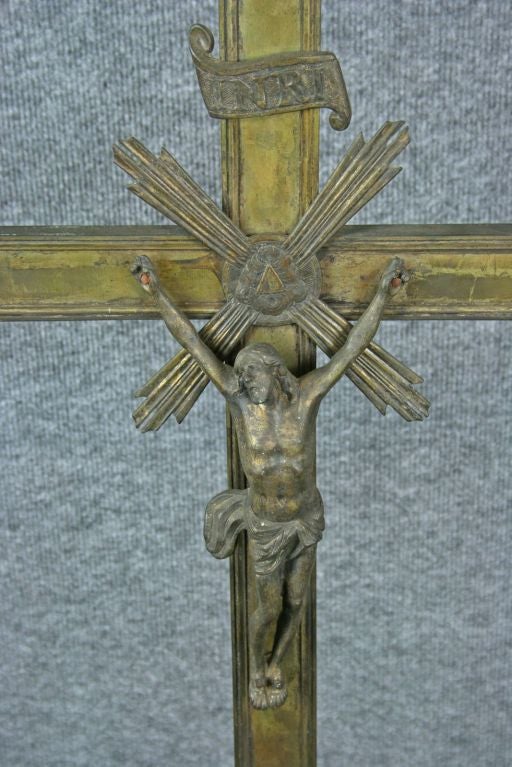 Metal Large Antique French Standing Crucifix Cross Angels For Sale