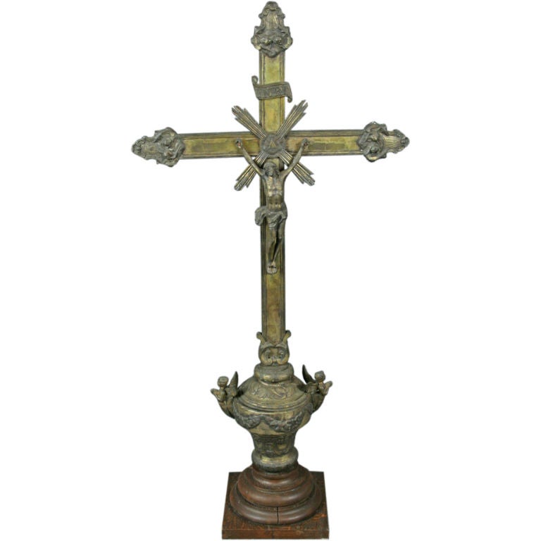 Large Antique French Standing Crucifix Cross Angels For Sale