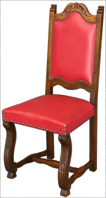 Vintage Set 6 French Renaissance Carved Oak Chairs Red