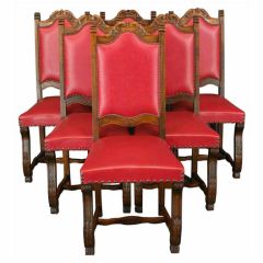 Vintage Set 6 French Renaissance Carved Oak Chairs Red