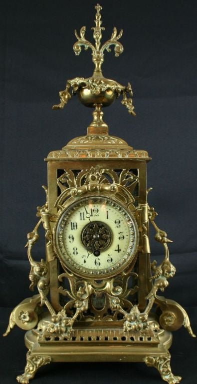 Rare Antique French Rococo Metal Garniture Mantel Clock