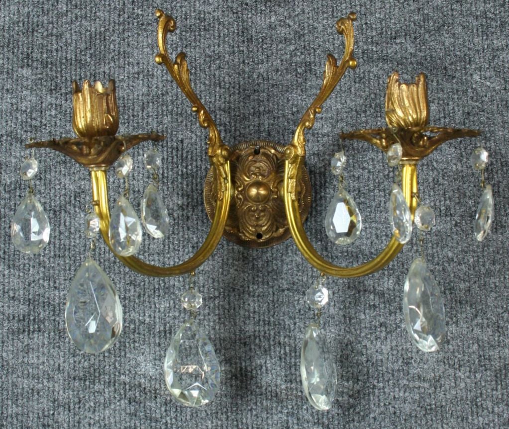 Vintage Pair French Rococo Brass Glass Sconces Lighting