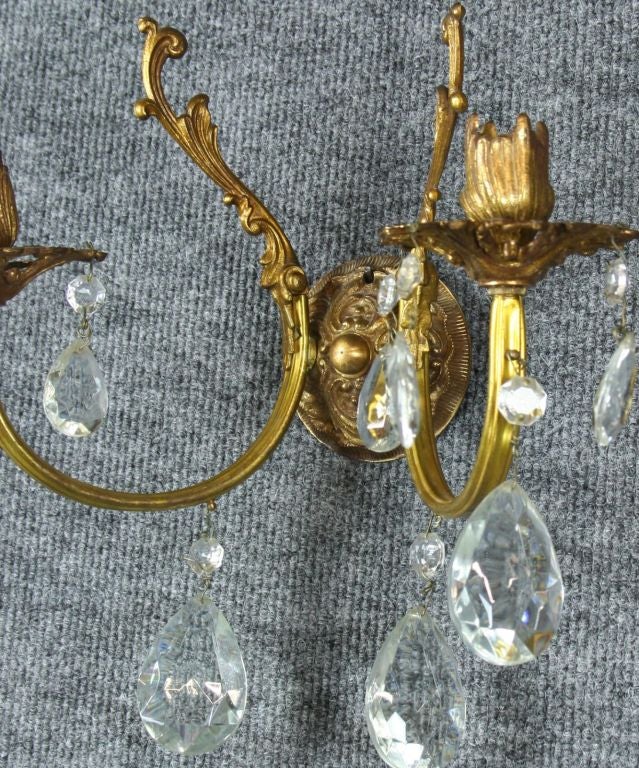 Mid-20th Century Vintage Pair French Rococo Brass Glass Sconces Lighting For Sale