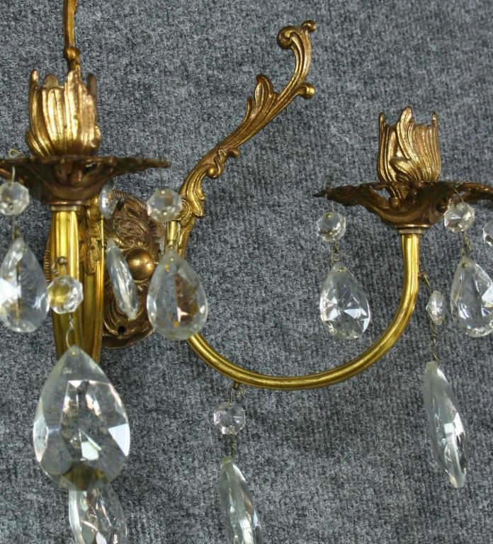 Vintage Pair French Rococo Brass Glass Sconces Lighting For Sale 1