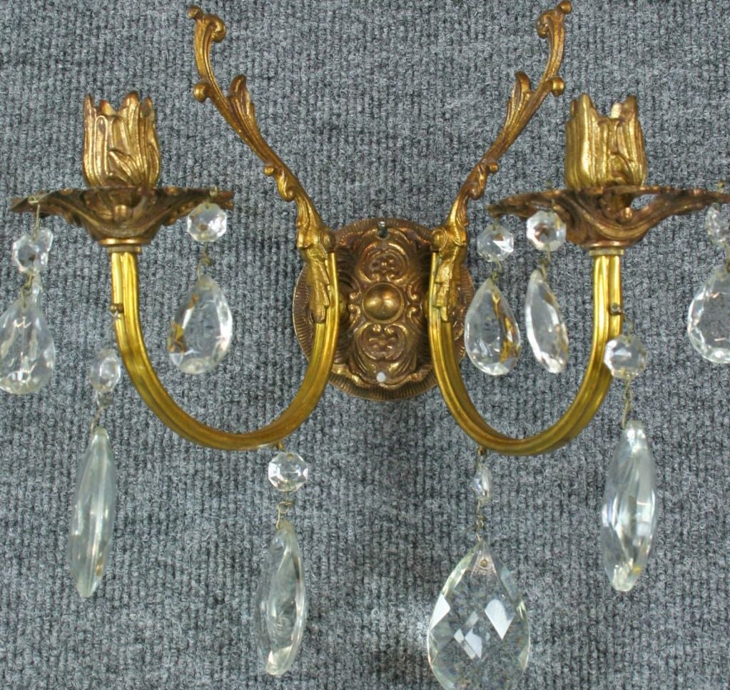 Vintage Pair French Rococo Brass Glass Sconces Lighting For Sale 2