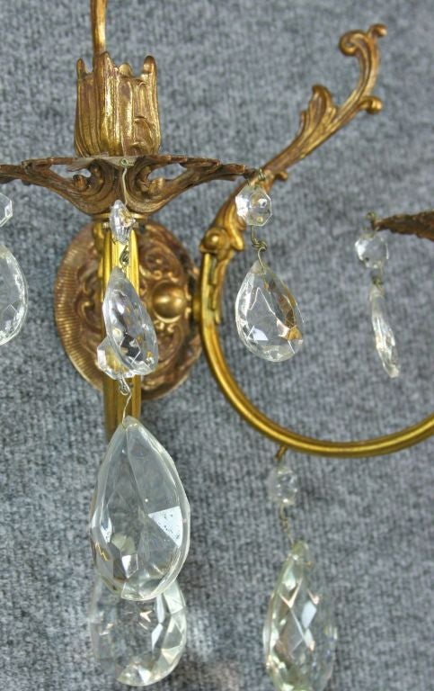 Vintage Pair French Rococo Brass Glass Sconces Lighting For Sale 3