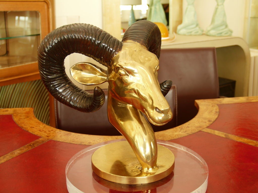 Unique Ram Head Sculpture in Heavy Polished Bronze
