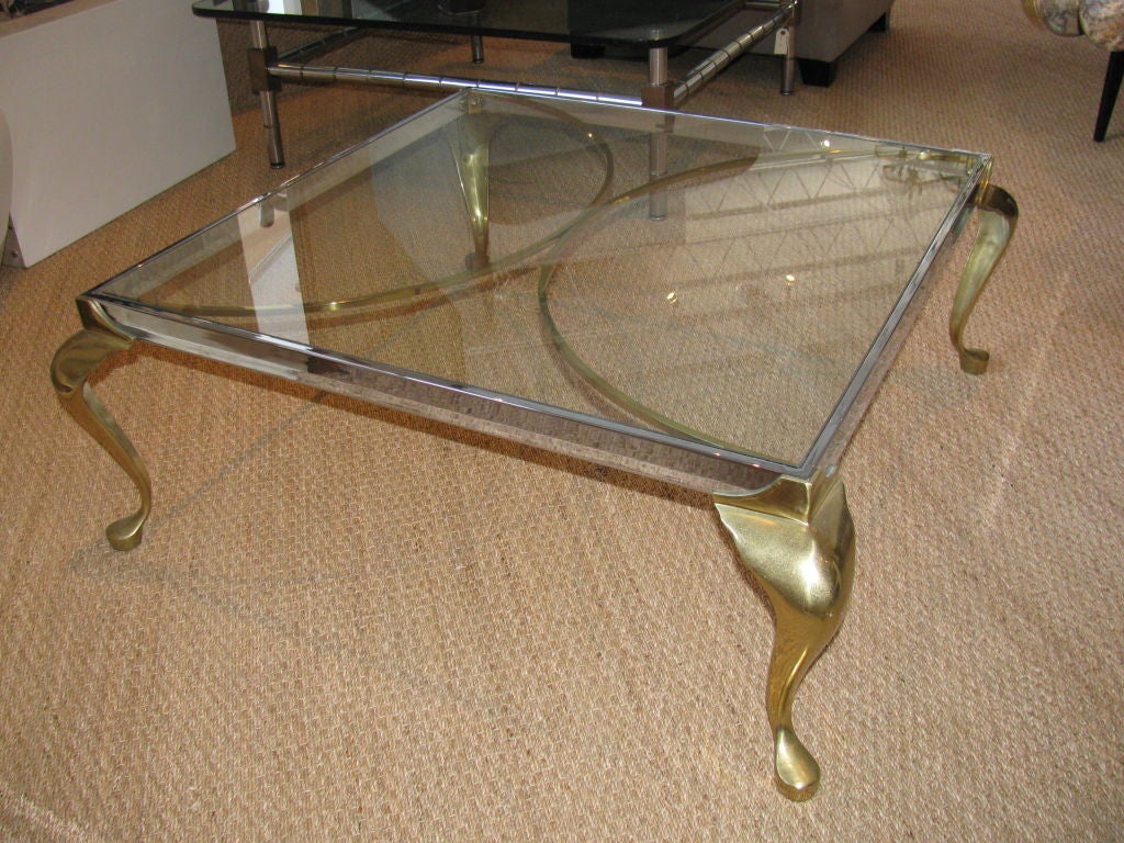 hollywood regency brass and glass coffee table