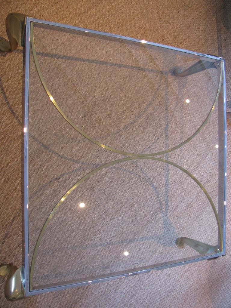 Late 20th Century Hollywood Regency Elegant Two-Toned Brass Chrome Glass Coffee Table For Sale