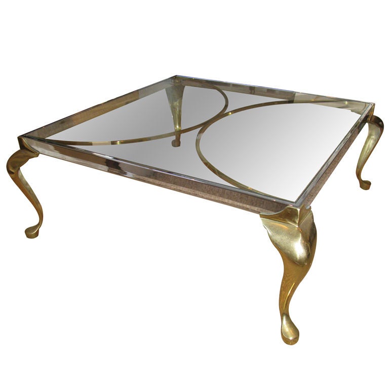 Table basse élégante de style Hollywood Regency en laiton et verre chromé bicolore