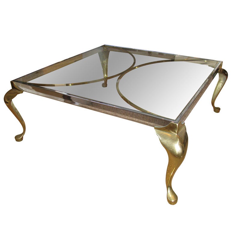 Hollywood Regency Elegant Two-Toned Brass Chrome Glass Coffee Table For Sale