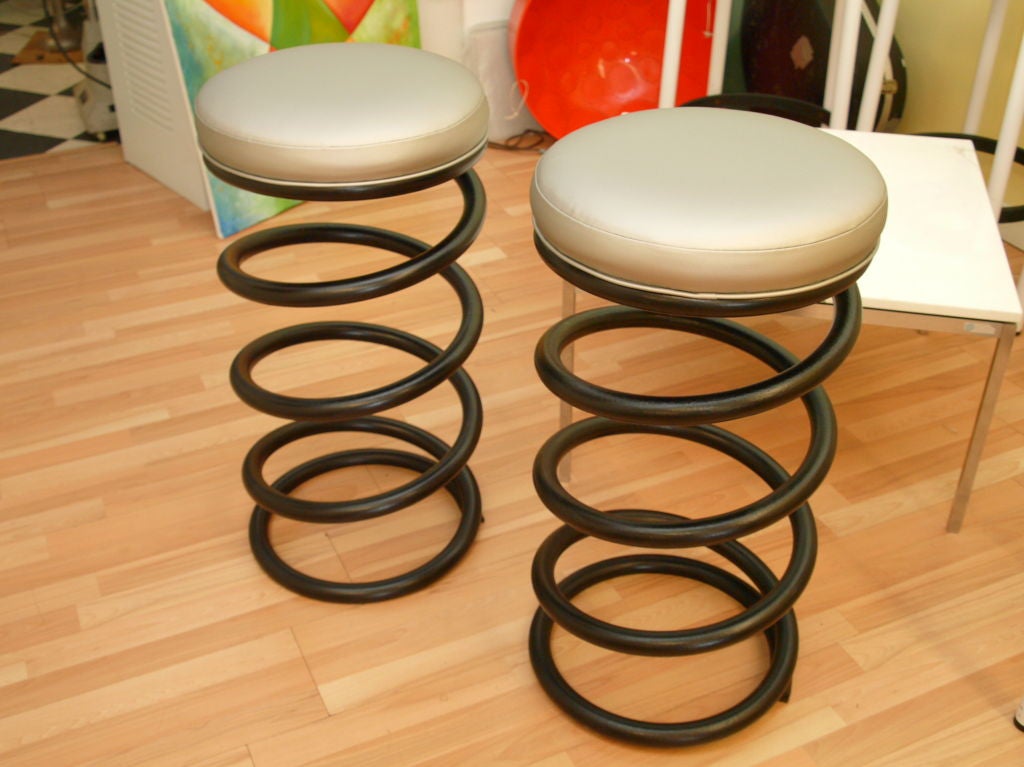 American Pair of Iron Spring Shaped Bar Stools