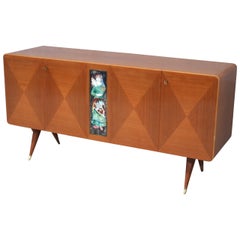 1940s Elegant Art Deco Italian Sideboard in the Style of Gio Ponti Ceramic Brass