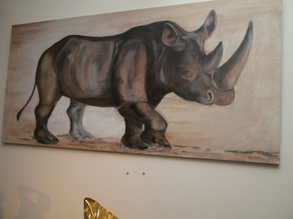 French Exquisite Safari Rhinoceros Painting in the Style of Johan  For Sale