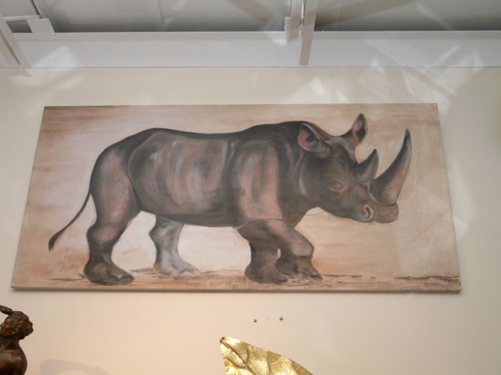 Painted Exquisite Safari Rhinoceros Painting in the Style of Johan  For Sale