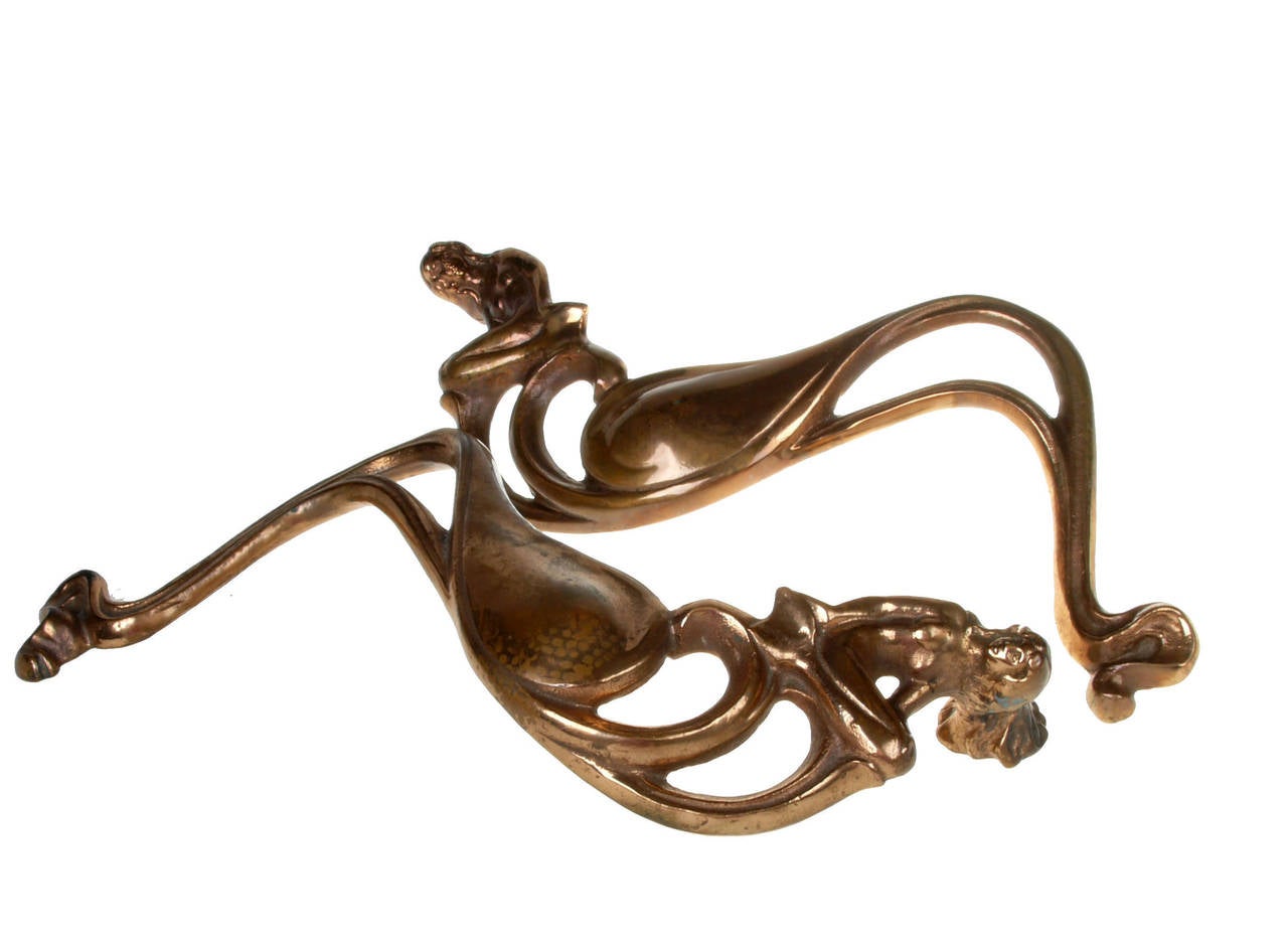 French Art Nouveau Solid Bronze Door Handles with Mermaid