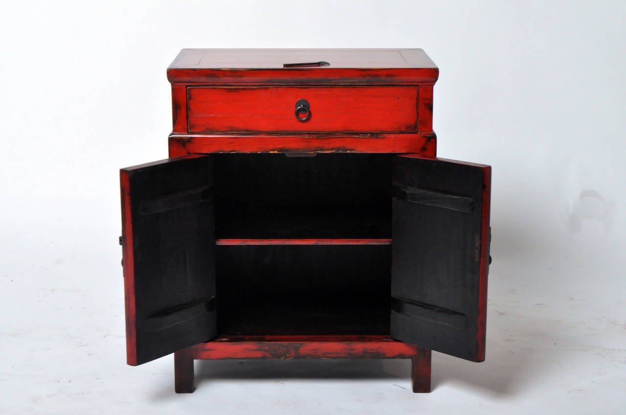 Qing Pair of Red Lacquered Bedside Chests