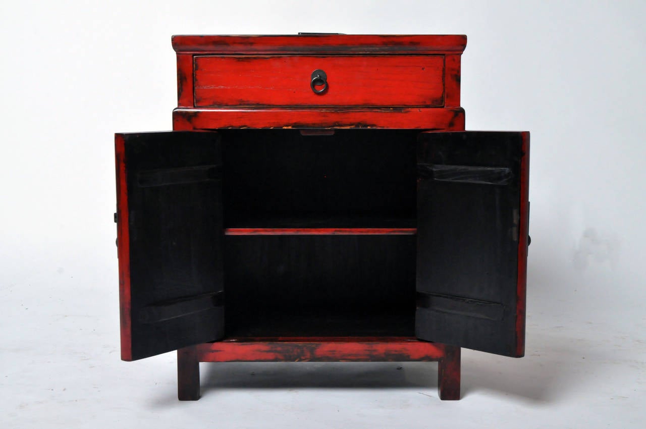 Chinese Pair of Red Lacquered Bedside Chests