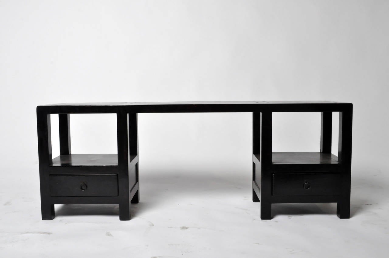 Chinese Black Lacquered Low Console with Stone Top