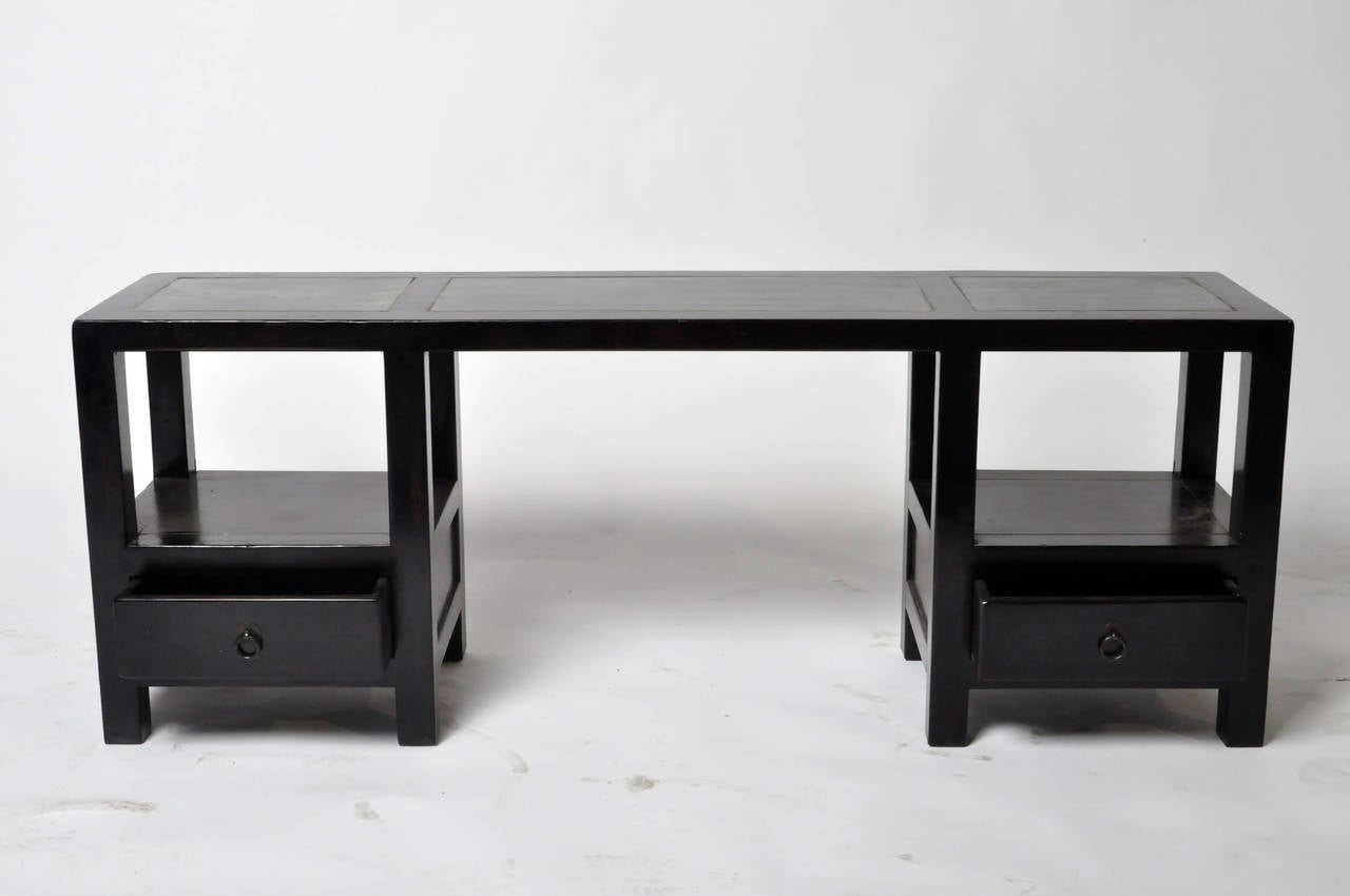 Black Lacquered Low Console with Stone Top In Good Condition In Chicago, IL