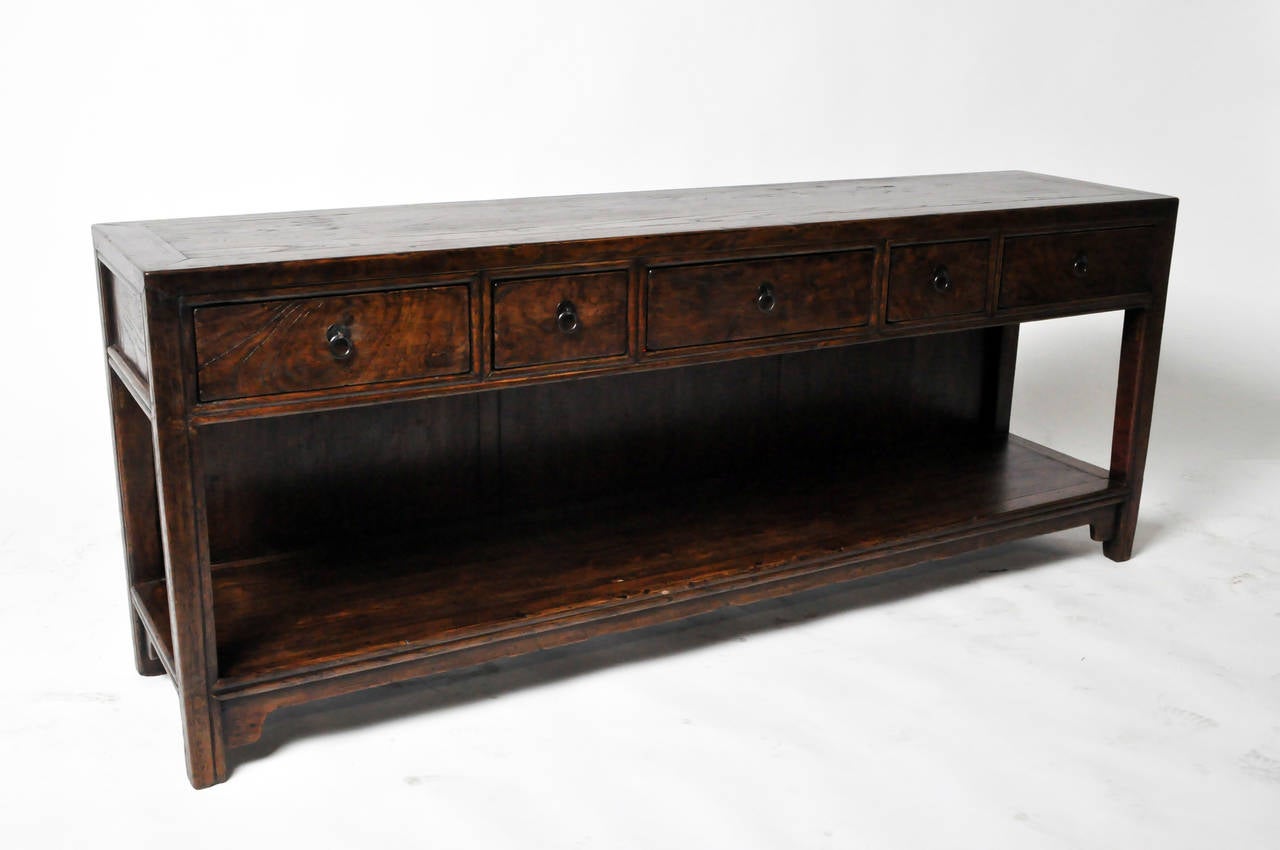 Chinese Low Console with Five Drawers and Bottom Shelf