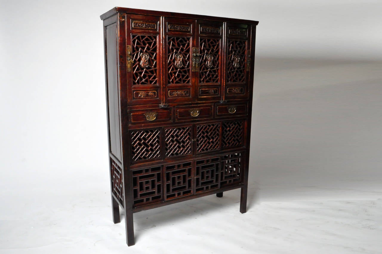 Chinese Mid-19th Century Ox Blood Lacquered Cabinet with Lattice Doors